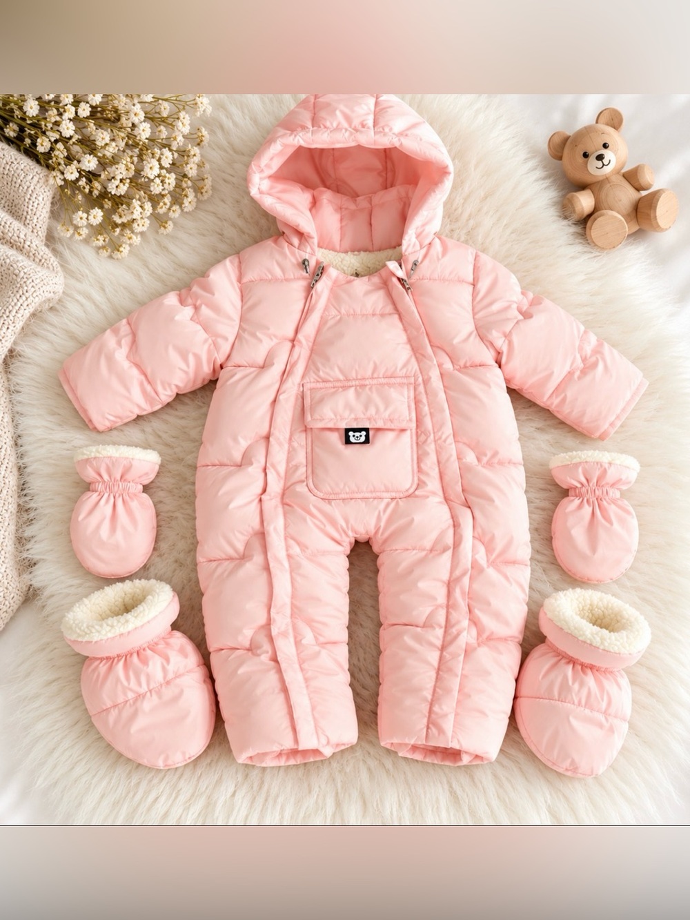 Baby Girl Pink Puffer Snowsuit 12M 80cm Fleece Lined Mittens & Booties NWOT